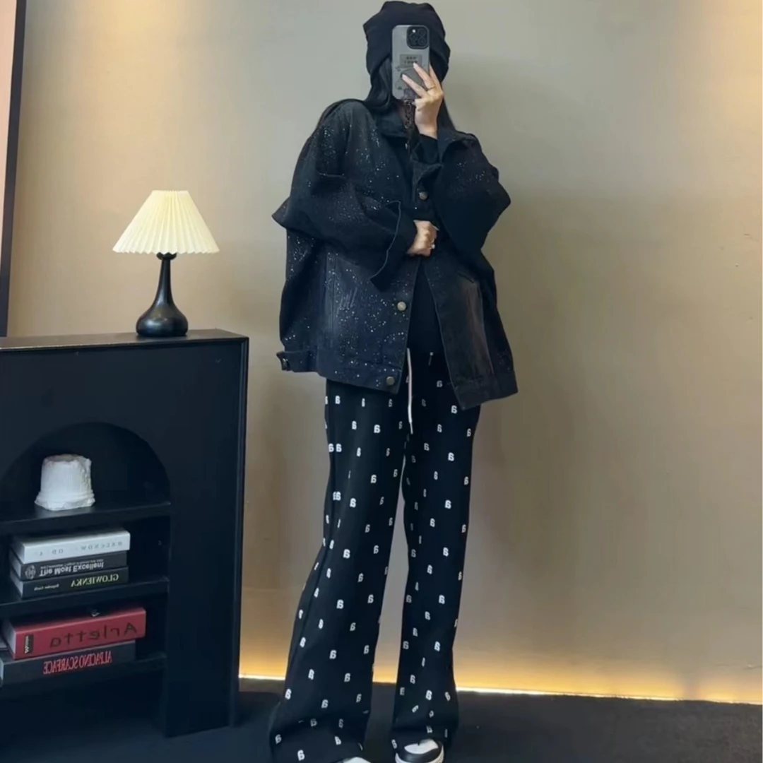 满印a字黑色无托腹生完了也能穿的阔腿拖地裤K045