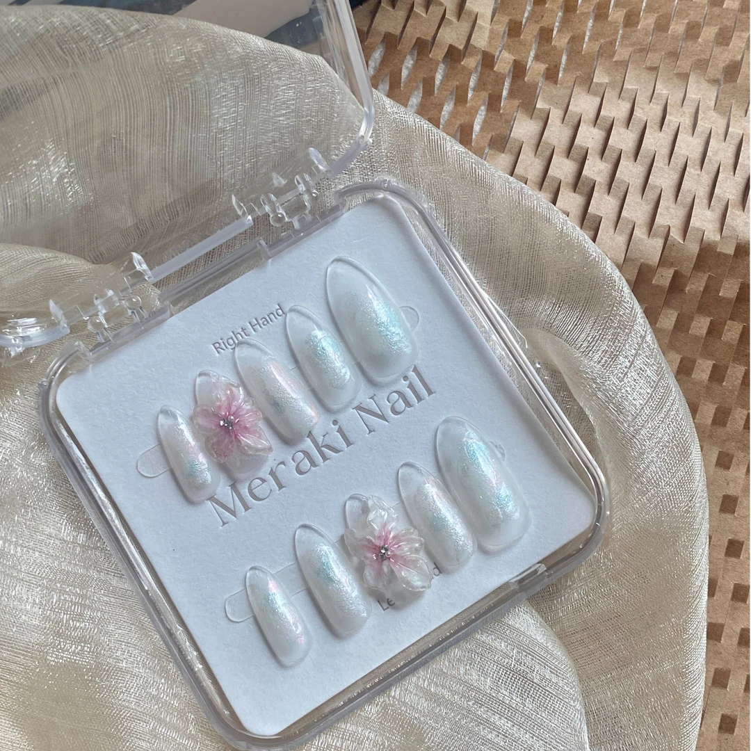 若池|meraki仙气十足~手工穿戴甲冰花美甲甲片中长美甲晕染定制
