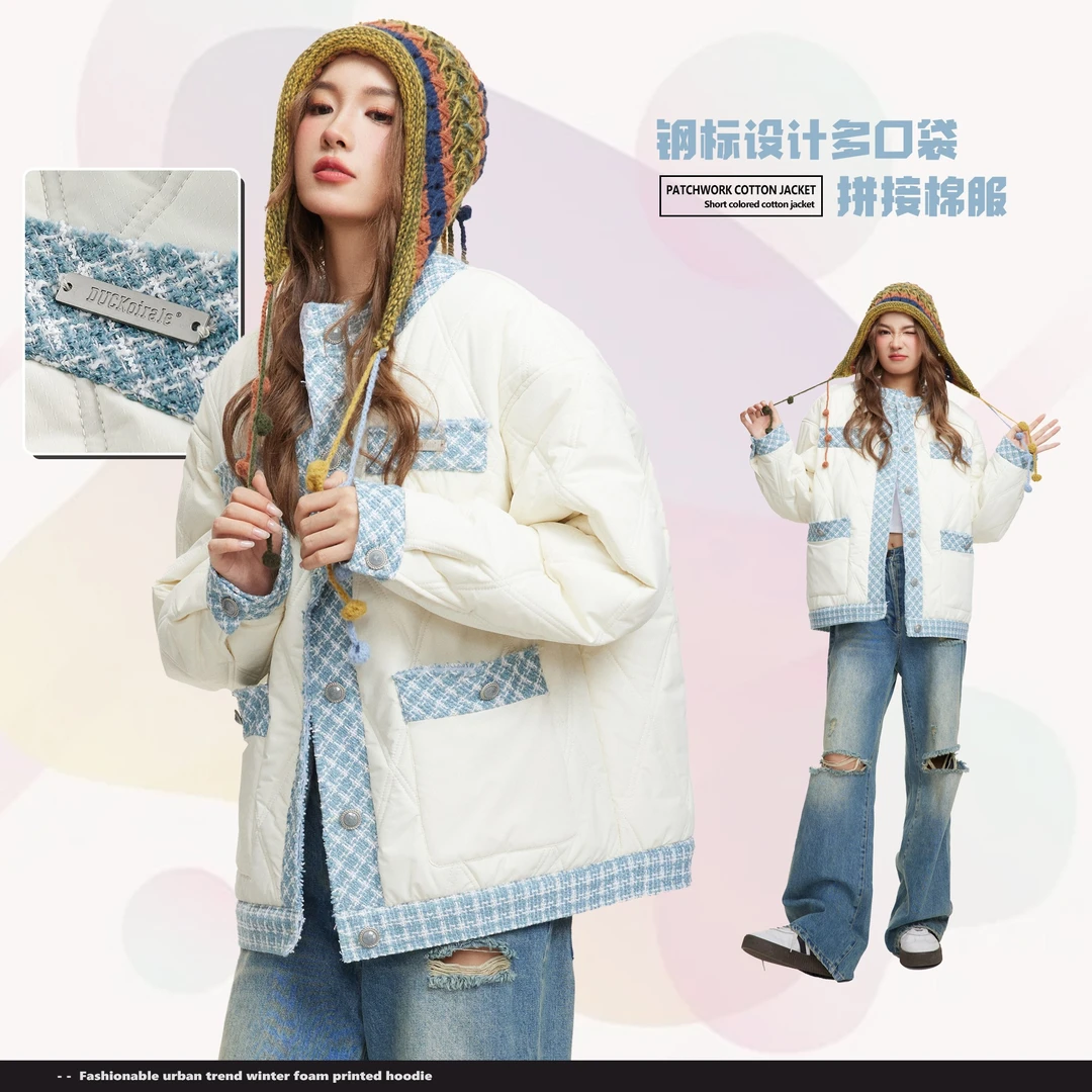 翼向 甜美拼接小香风外套女新款格纹棉服女冬季棉衣宽松休闲保暖