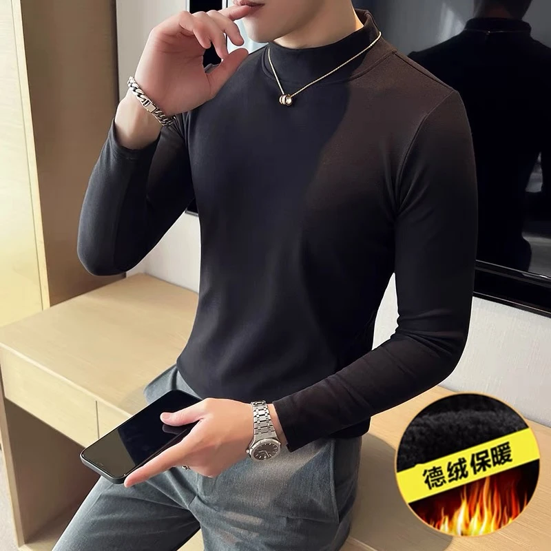 纯色半高领双面德绒打底衫男长袖修身中高领T恤秋冬保暖柔软舒适