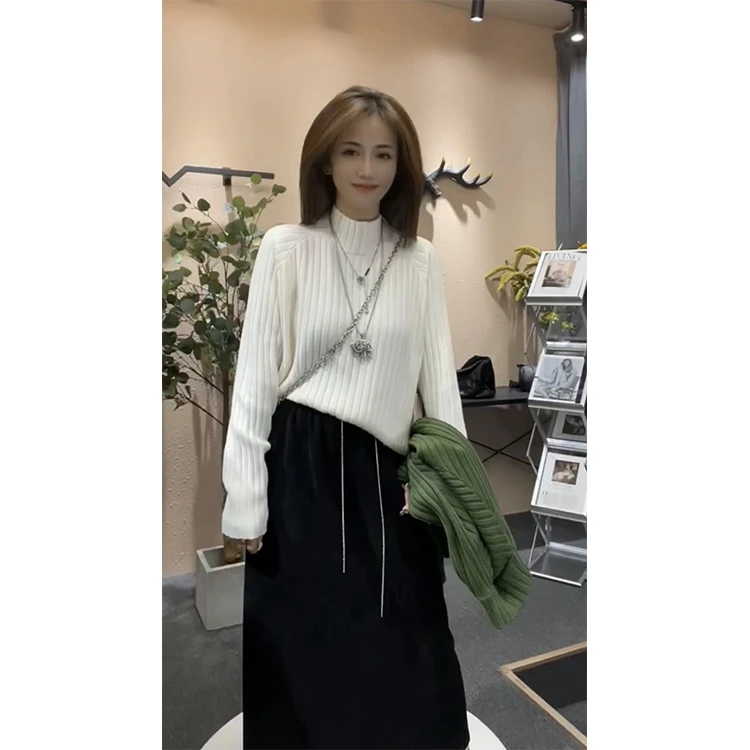 2025年新款女中长款宽松慵懒风秋冬半高领针织打底衫上衣