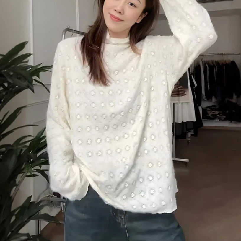 气质木耳边半高领蕾丝打底衫女春秋冬季紧致提花小香风内搭上衣