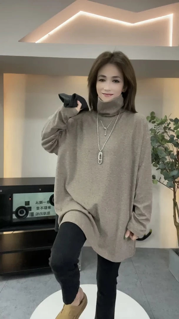 休闲高领长袖女2025秋季新款简约时尚宽松显瘦大码上衣潮百搭
