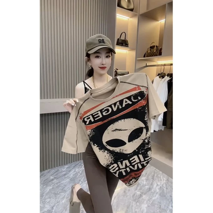 2024夏季新款印花美式复古短袖T恤女宽松中长款上衣欧洲站女装
