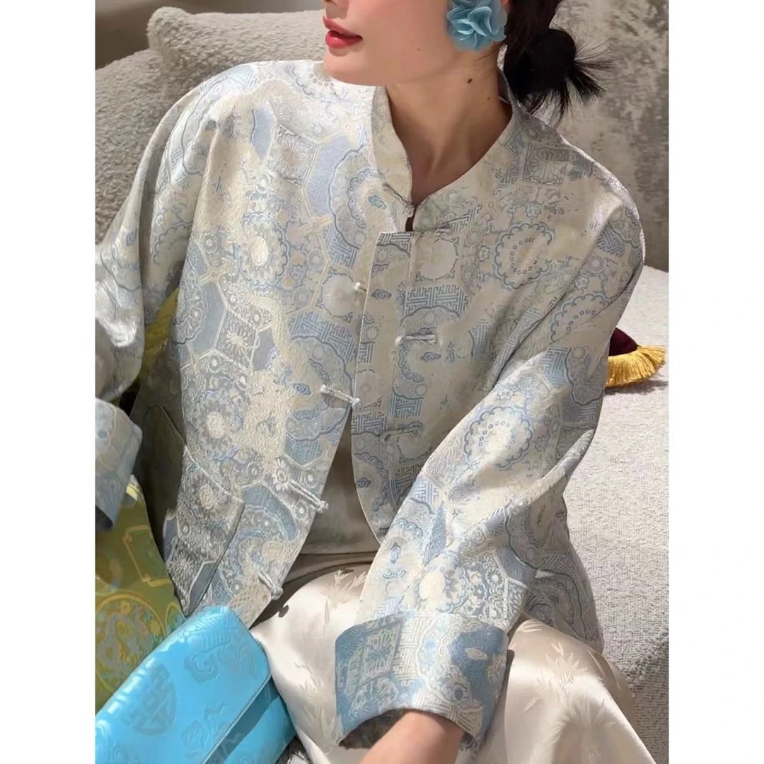 【吉娜王】「蓝龙」新中式国潮新宋锦对襟百搭外套