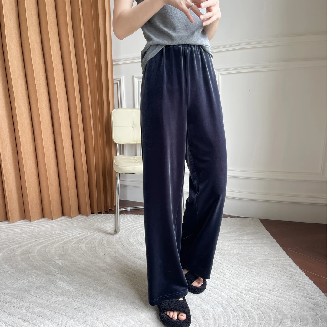 【华珂】高端金丝绒高腰垂坠感直筒裤百搭休闲黑色裤子女士