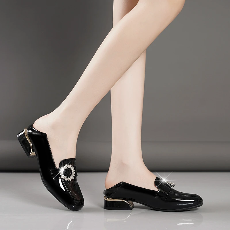 2024新款气质方头粗跟春秋高跟英伦法式漆皮百搭时尚包头女鞋中跟