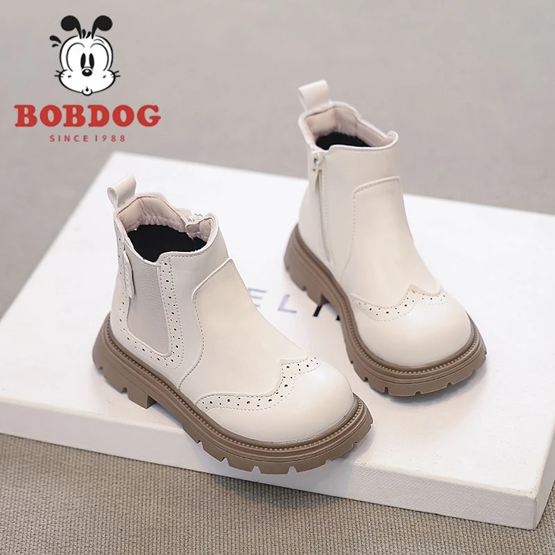 巴布豆女童马丁靴春秋款2024新款儿童靴子黑色短靴加绒儿童马丁靴