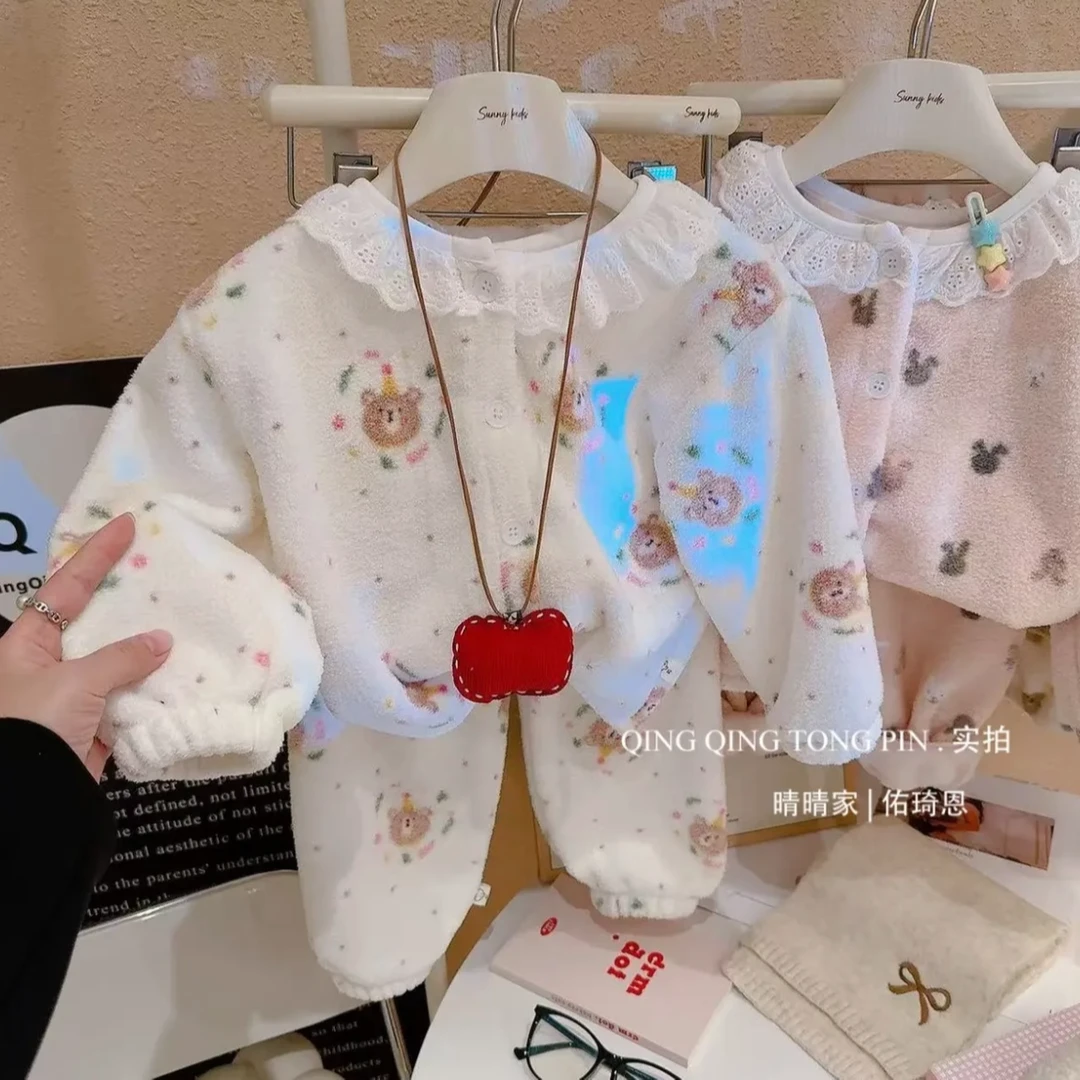 【糯米绒】2024新款女童睡衣秋冬加厚儿童家居服加绒碎花可爱套装