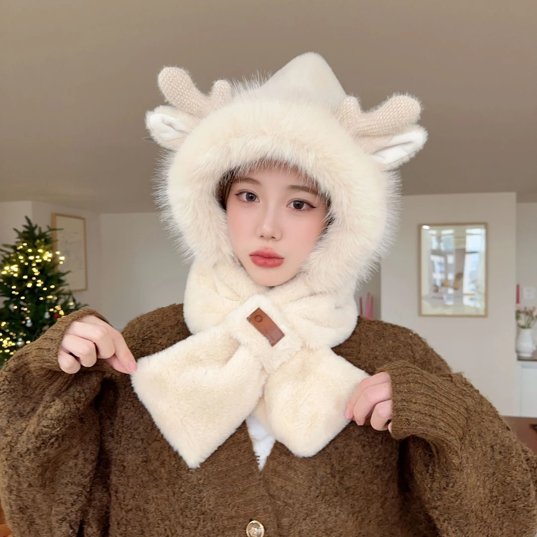 鹿角两件套帽子围巾一体女骑行防寒保暖护耳可爱毛绒百搭秋冬季帽