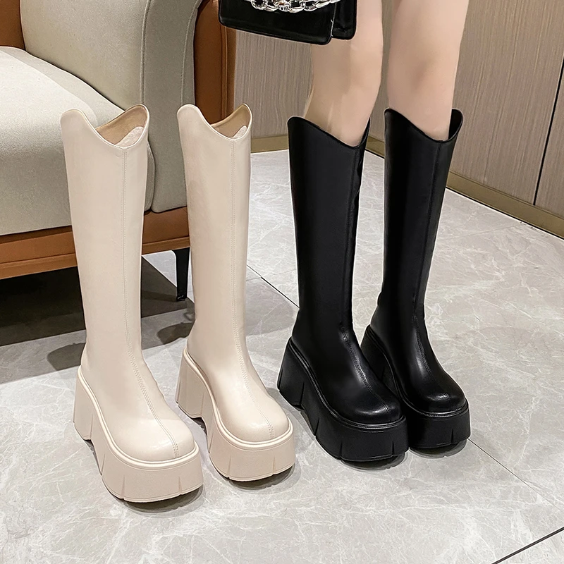增高厚底不过膝长靴女2024秋冬新款大头鞋粗跟显瘦高筒靴女骑士靴