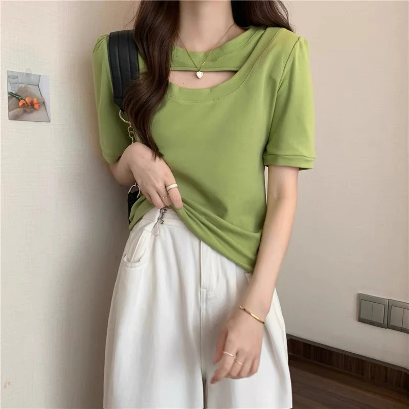 断码断色软糯清爽薄棉T恤女不规则字母短袖宽松百搭上衣2023春夏