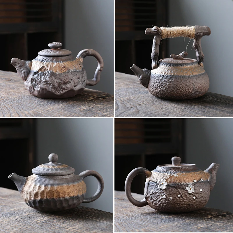古早烧日式粗陶梅花侧把暗香壶鎏金铁釉茶壶单人泡茶手工陶瓷茶具