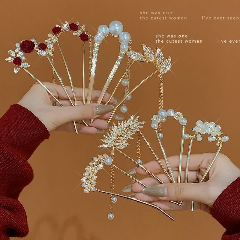 新年红色国风U型发簪女高级感新中式流苏簪子后脑勺发钗过年头饰