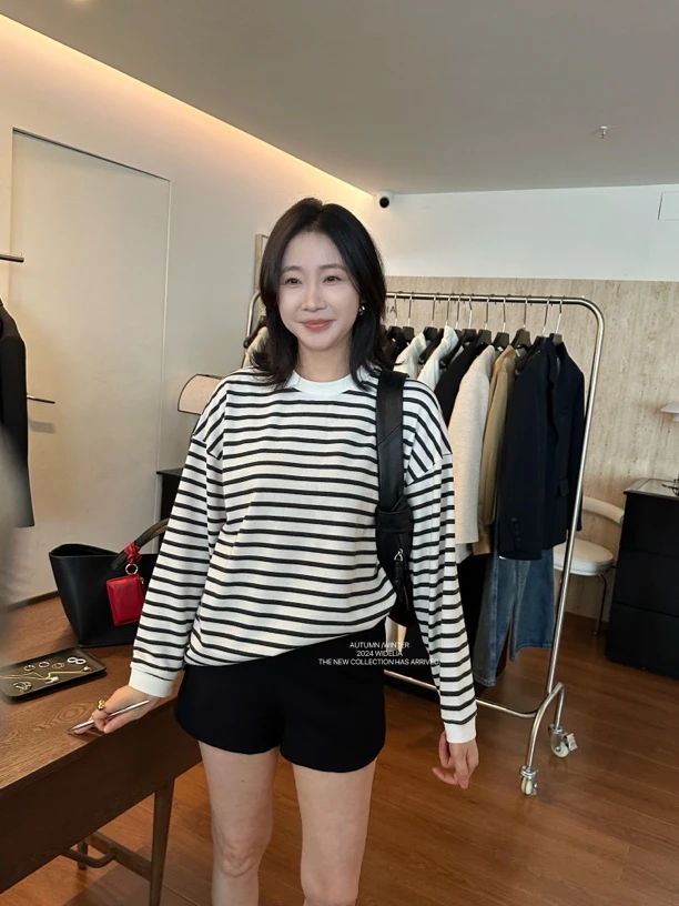 widelia条纹拼接圆领长袖T恤9013秋季新款韩版时尚百搭宽松上衣女