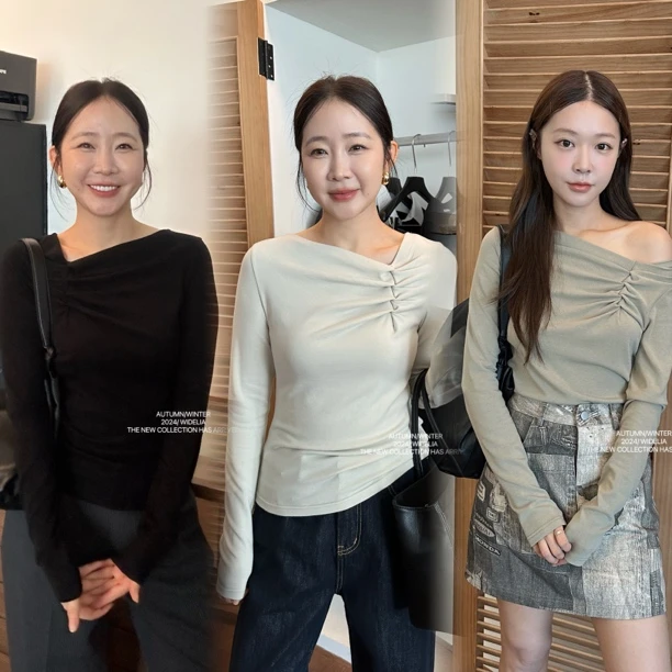 widelia秋季韩版斜领褶皱打底衫9122修身显瘦小众设计感长袖上衣