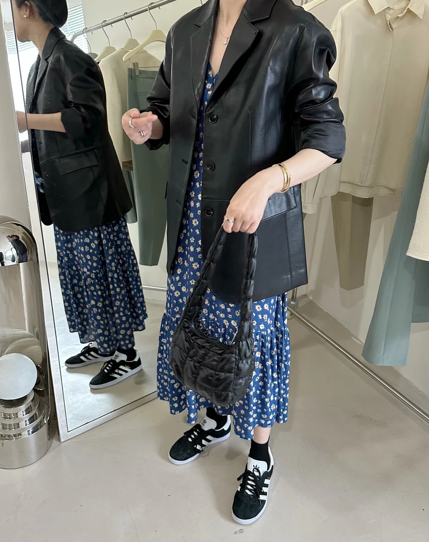 widelia韩版新款设计感宽松黑色皮衣女宽松翻领长袖外套女7027