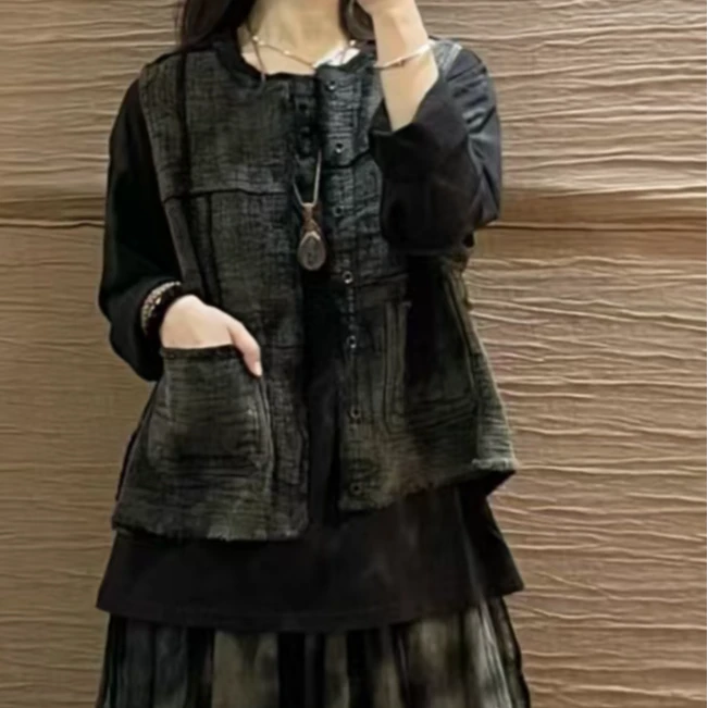 静一棉麻【漫川】高知高密重磅毛边工艺 百搭款马甲宽松复古