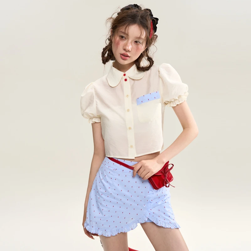 SASSY MOODY原创设计甜美少女拼接娃娃领泡泡袖衬衫短款衬衣夏季