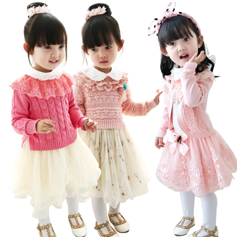 女童毛衣连衣裙女中童蕾丝棉线衣公主2件套裙子qz001183518511869