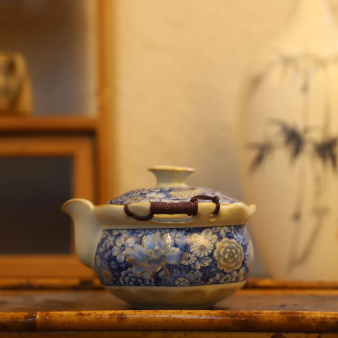 米黄汝窑描银青花手工编织手抓壶中式防烫手功夫茶具泡茶器