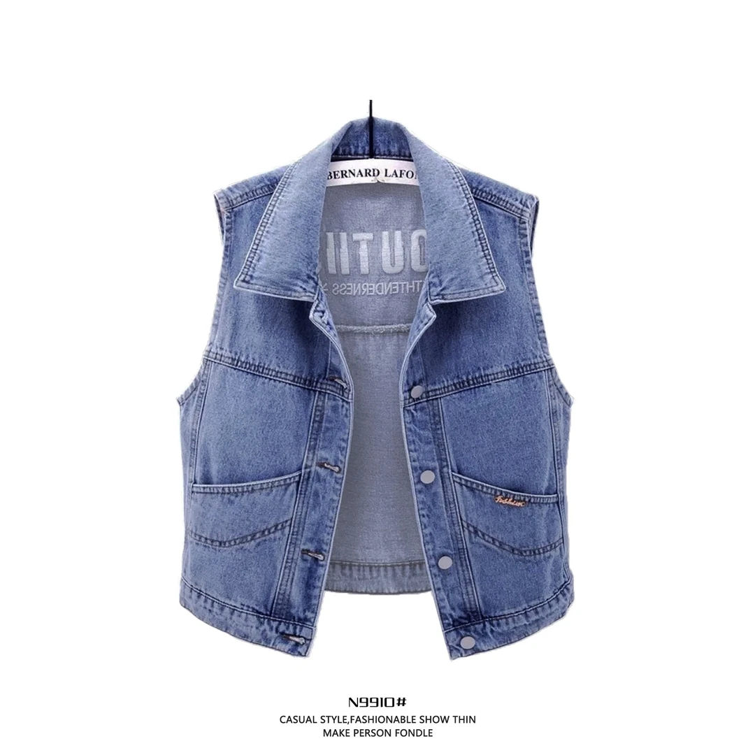 T991春秋无袖韩版百搭刺绣牛仔马甲女款马夹网红背心坎肩大码无袖