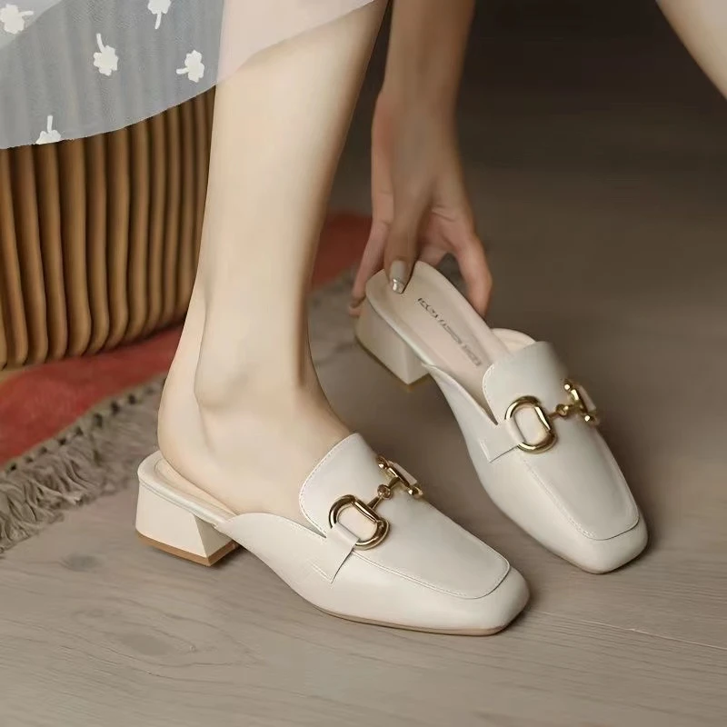 软皮包头半拖鞋女夏外穿2025新款懒人穆勒平底粗跟单鞋半托鞋子