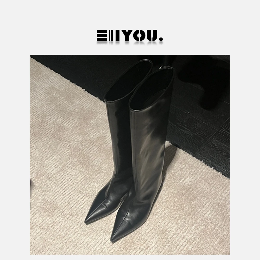 【ENYOU定制】黑色小跟 牛皮长靴
