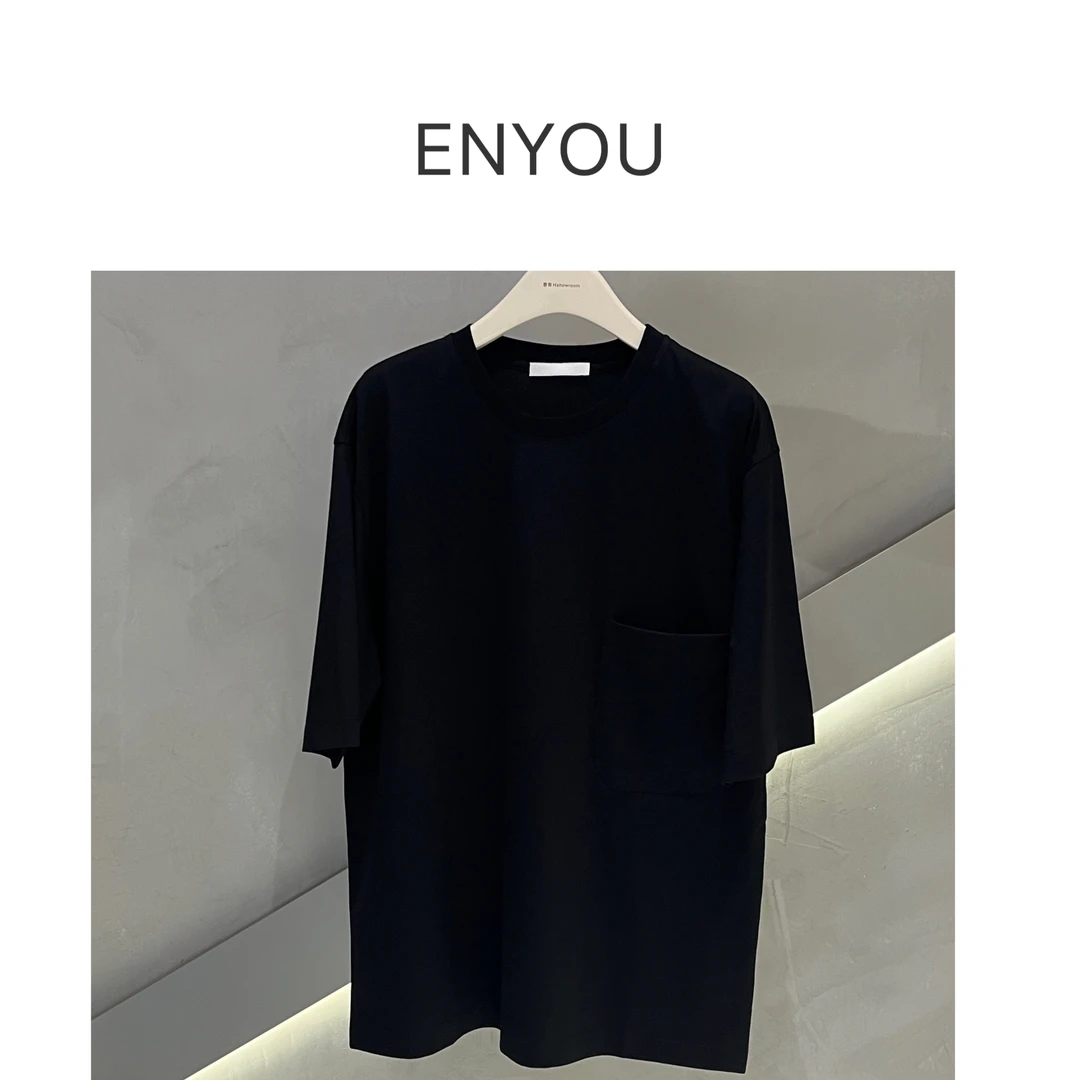 【ENYOU定制】黑色阔版棉短袖T恤设计感上衣
