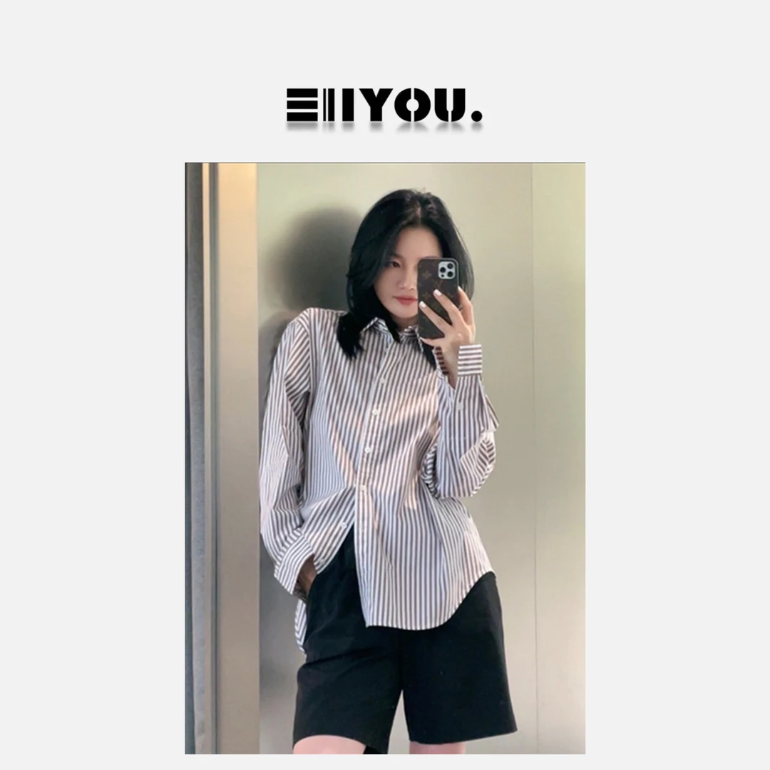 【ENYOU定制】咖色小众条纹衬衫宽松韩版显瘦ins春季港风设计感长袖