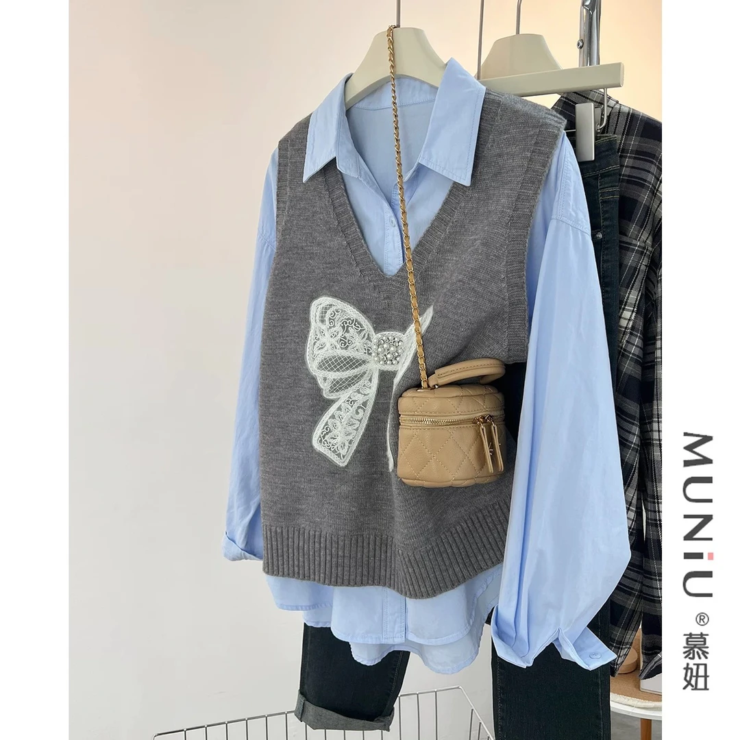 秋冬新款V领蝴蝶结纯色钉珠针织马甲上衣女外穿百搭显瘦短款背心