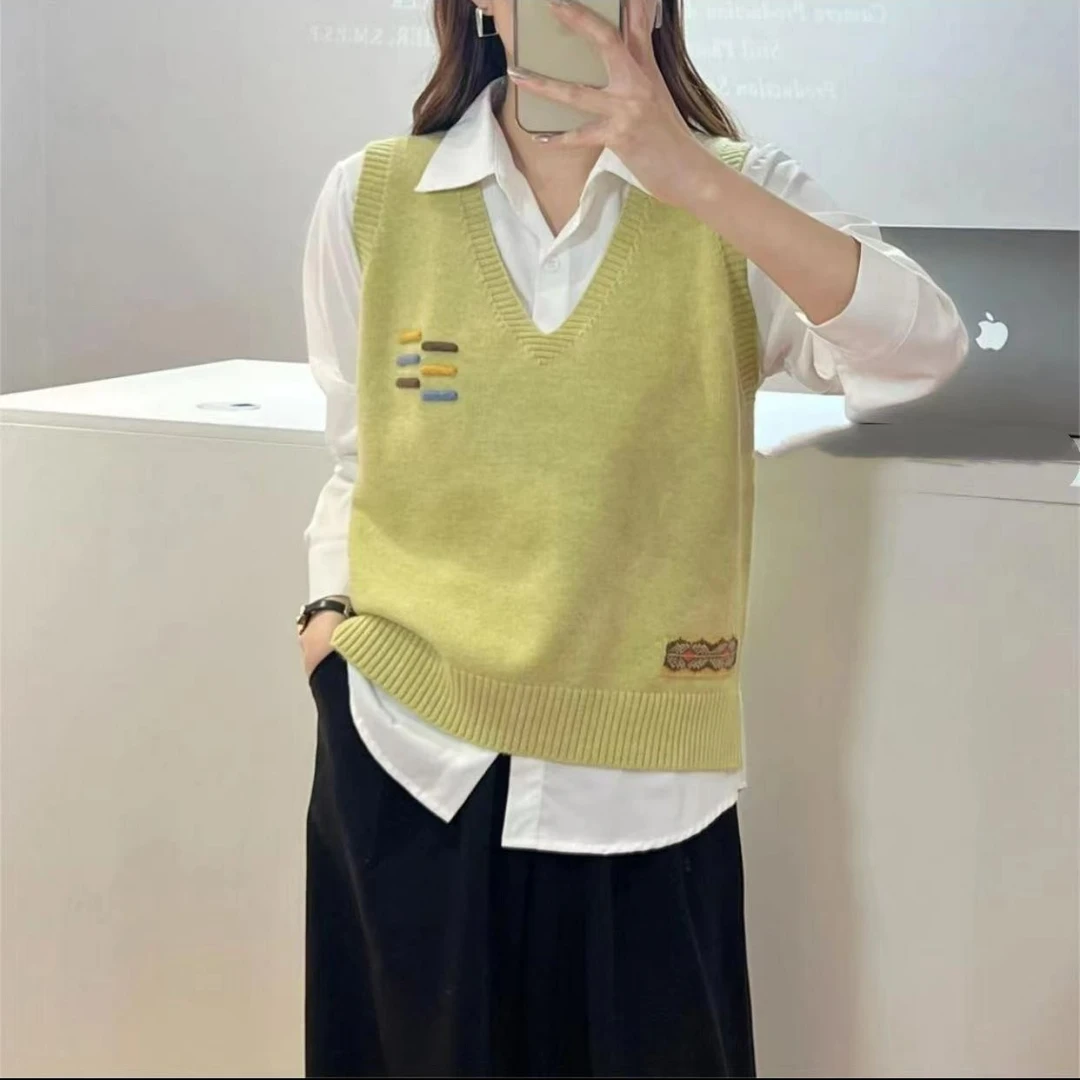 早秋新款民族风V领叠穿背心女套头宽松遮肉休闲百搭无袖马甲797