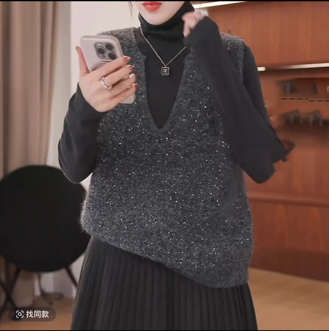 秋冬气质百搭亮片闪闪无袖叠穿时尚针织毛衣马甲