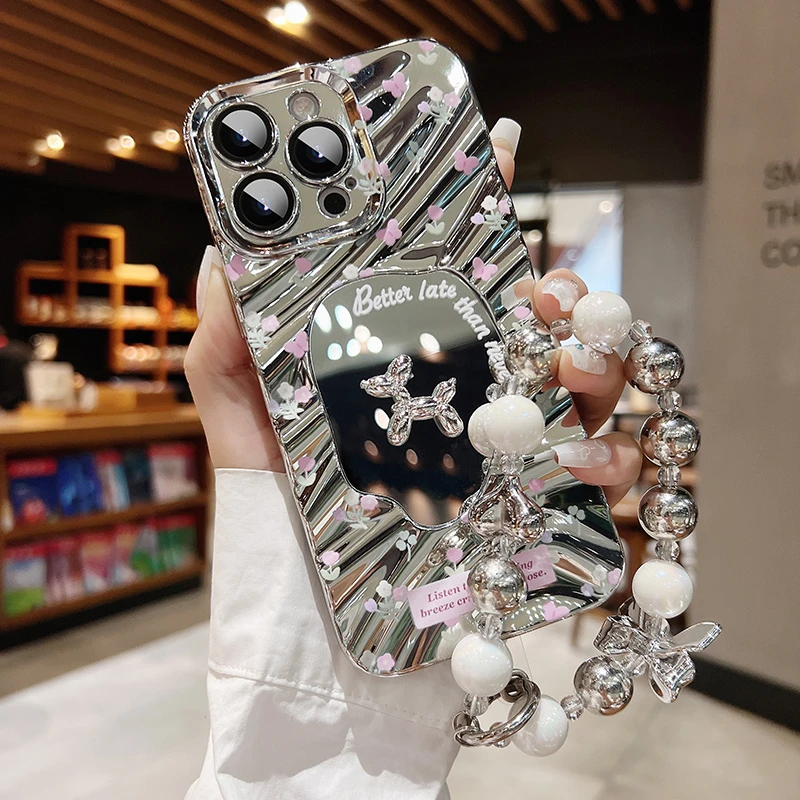 适用于苹果14手机壳iPhone13promax花朵华为mate60银色镜子mate50