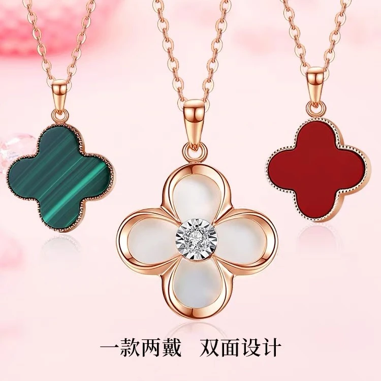 吊坠925银 四叶花项链女士款双面两戴玫瑰金锁骨链气质时尚百搭