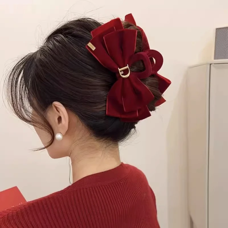 非金属布艺发饰 红色丝绒双面蝴蝶结发夹秋冬新款抓夹优雅发饰女