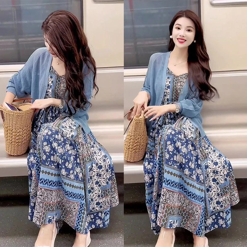 早秋穿搭一整套2025新款洋气针织开衫女搭配波米西亚碎花裙两件套