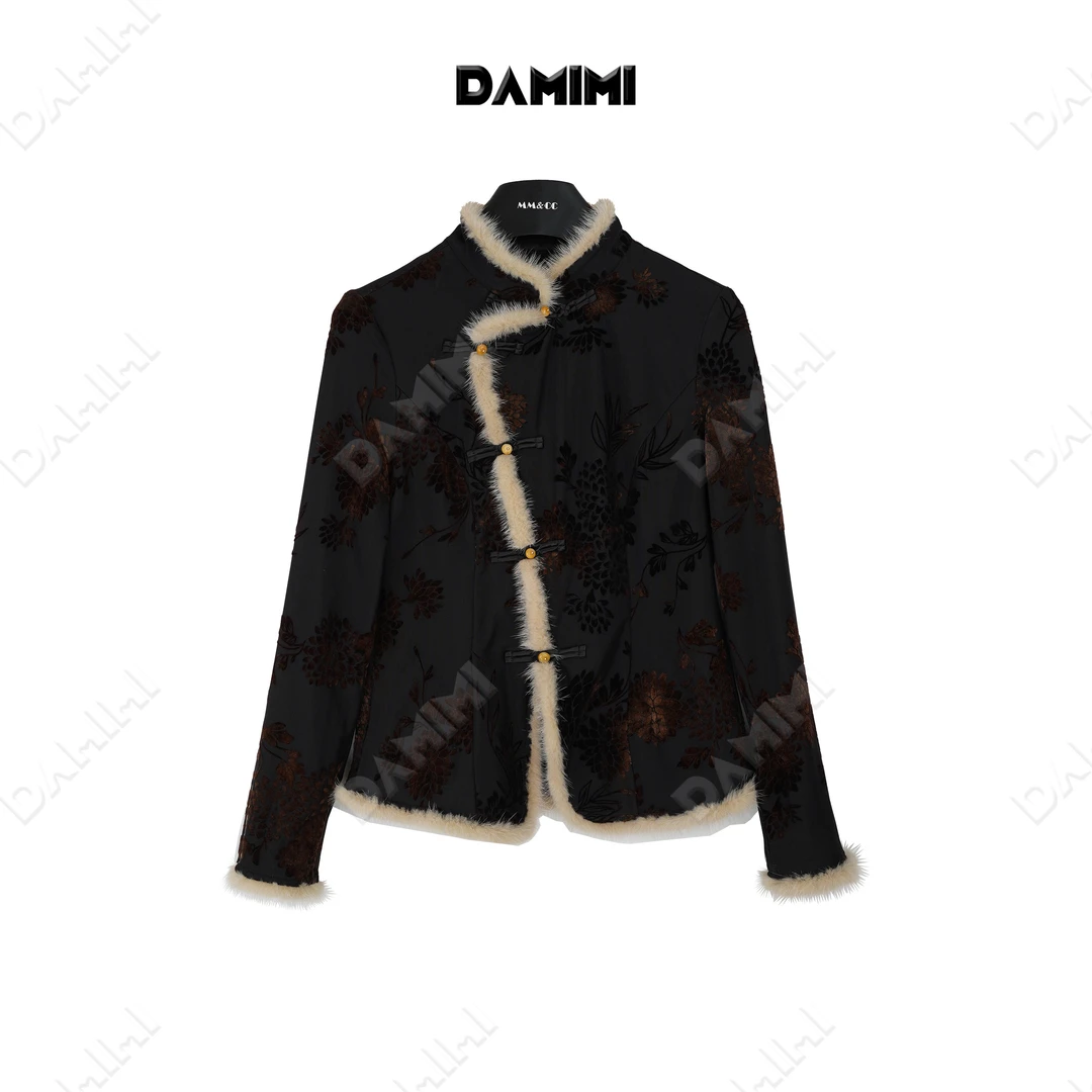 【林枫晚】新中式国风植绒烧花显瘦拼水貂毛加绒内搭上衣F9855