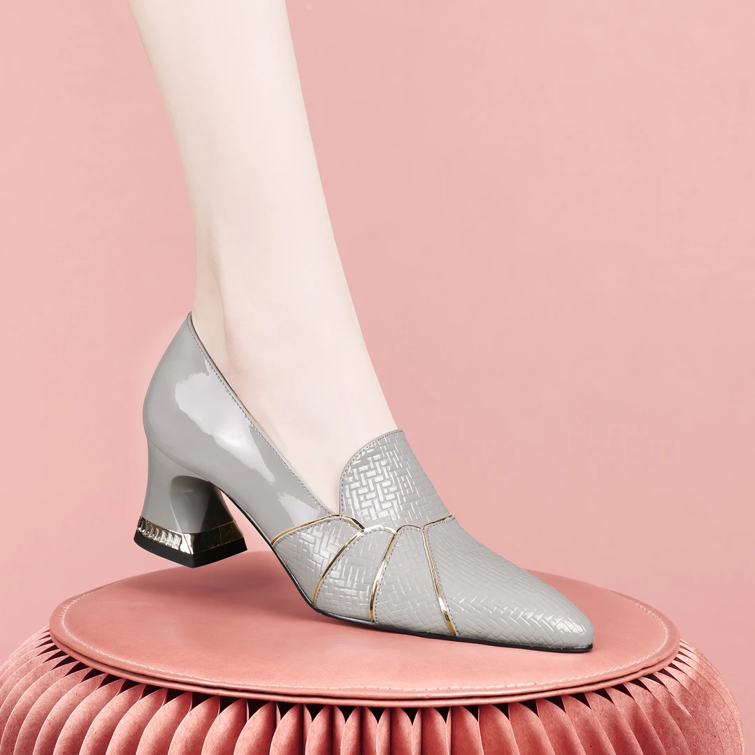 梵芮诗2024年春季新款尖头金边中口通勤气质百搭粗跟女单鞋-Y133