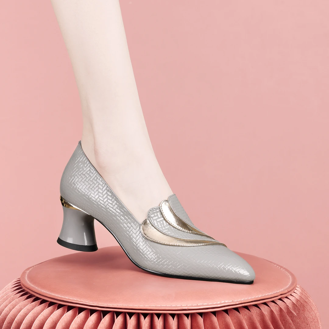 梵芮诗2024年春季新款尖头拼色简约百搭通勤风粗跟女士单鞋-Y129