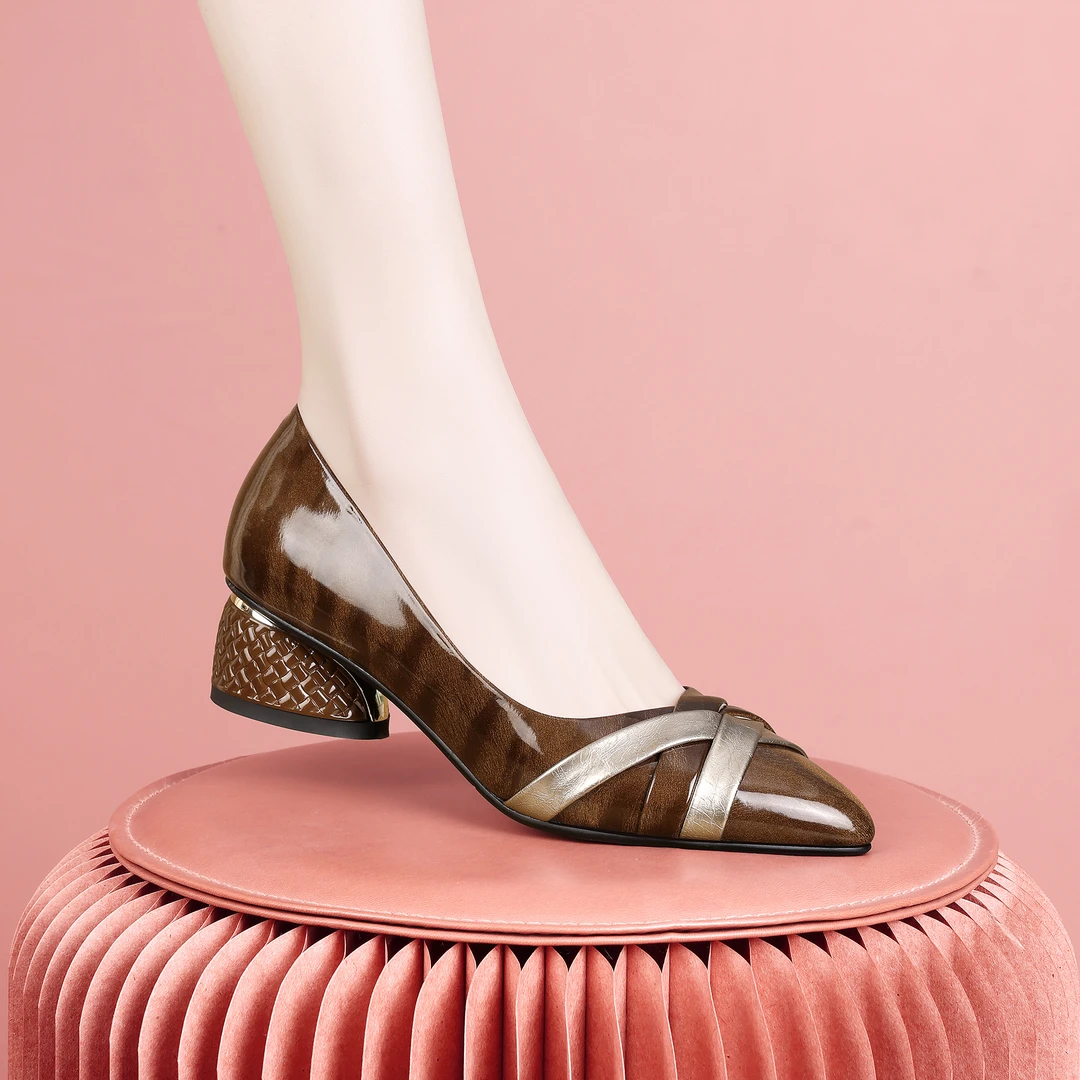 梵芮诗2024年春季新款尖头浅口漆皮时尚百搭气质粗跟女单鞋-H0085