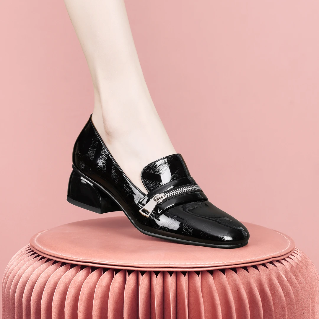 梵芮诗2024年春季新款方头拉链装饰通勤百搭气质女粗跟单鞋-H0042