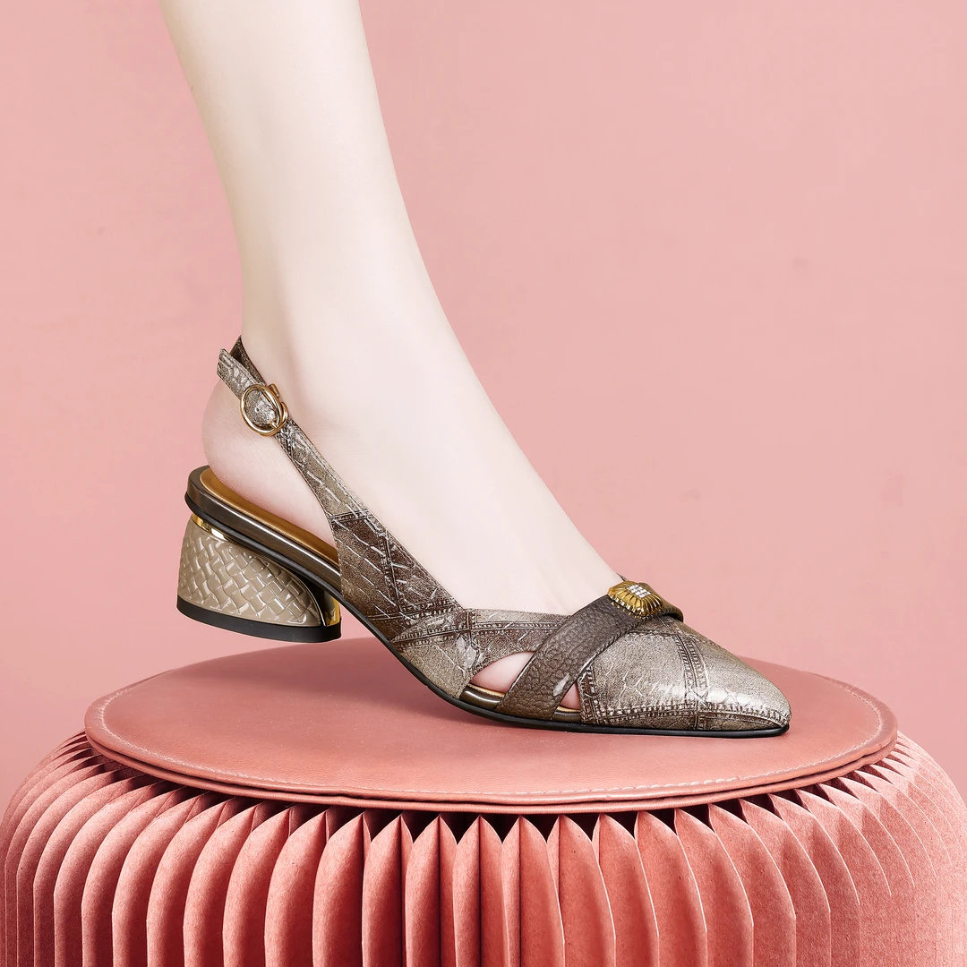 梵芮诗2024春夏新款尖头浅口镂空金属装饰优雅气质女士凉鞋-H0119