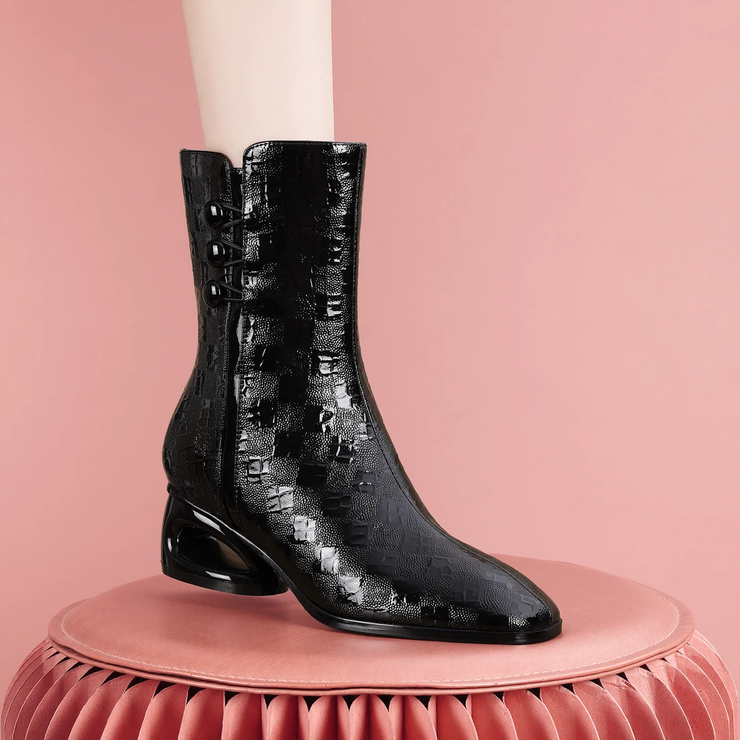 梵芮诗2024年新款冬季纯色百搭保暖时尚方头气质粗跟中靴-J1177