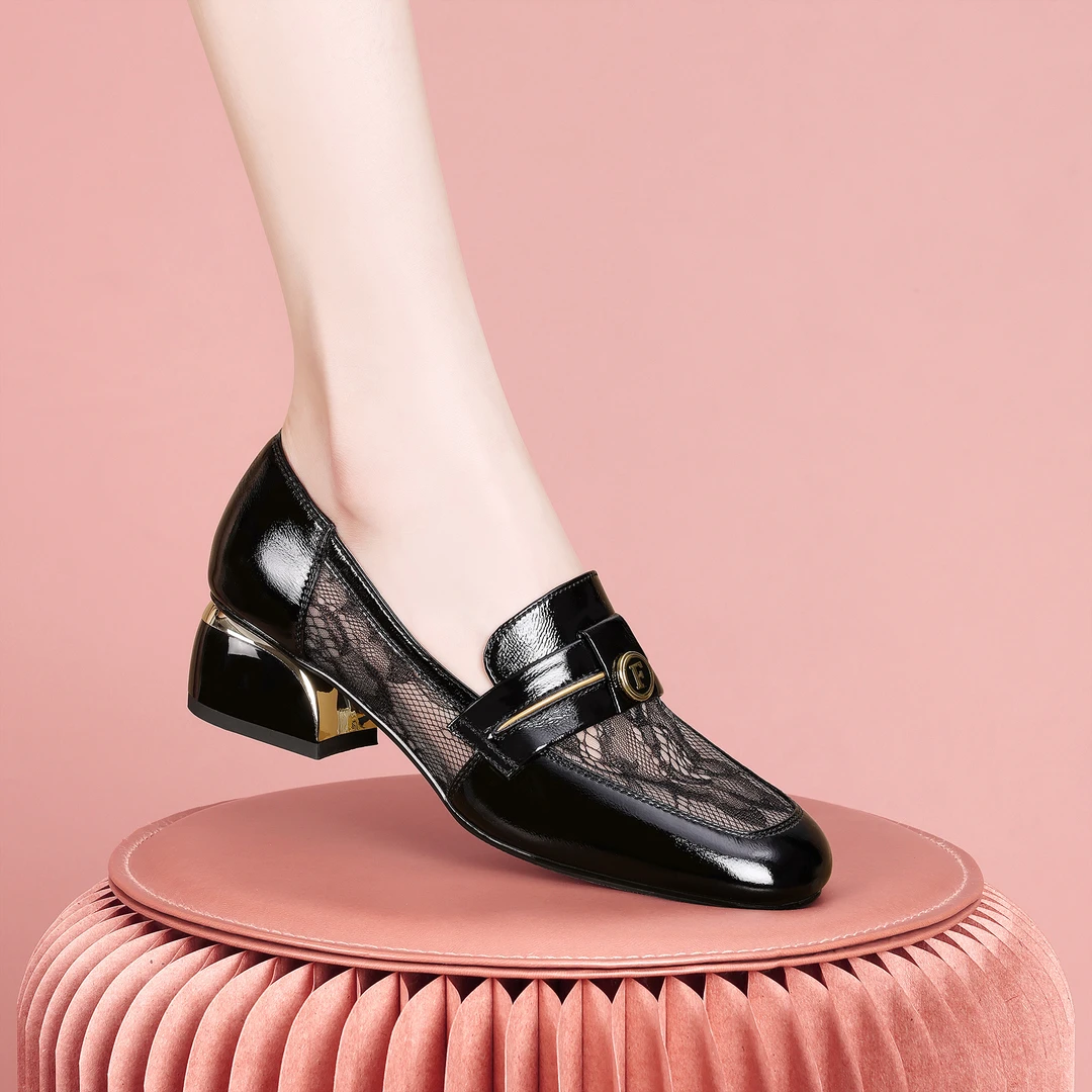 梵芮诗2024新款春夏季方头网纱字母装饰时尚百搭粗跟单鞋-J1001