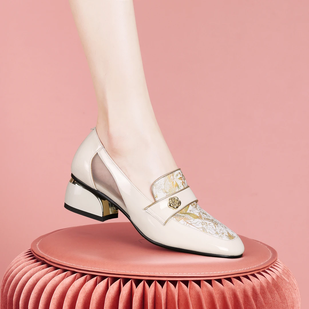 梵芮诗2024年新款春夏季方头网纱新中式气质穿搭粗跟单鞋-H1006