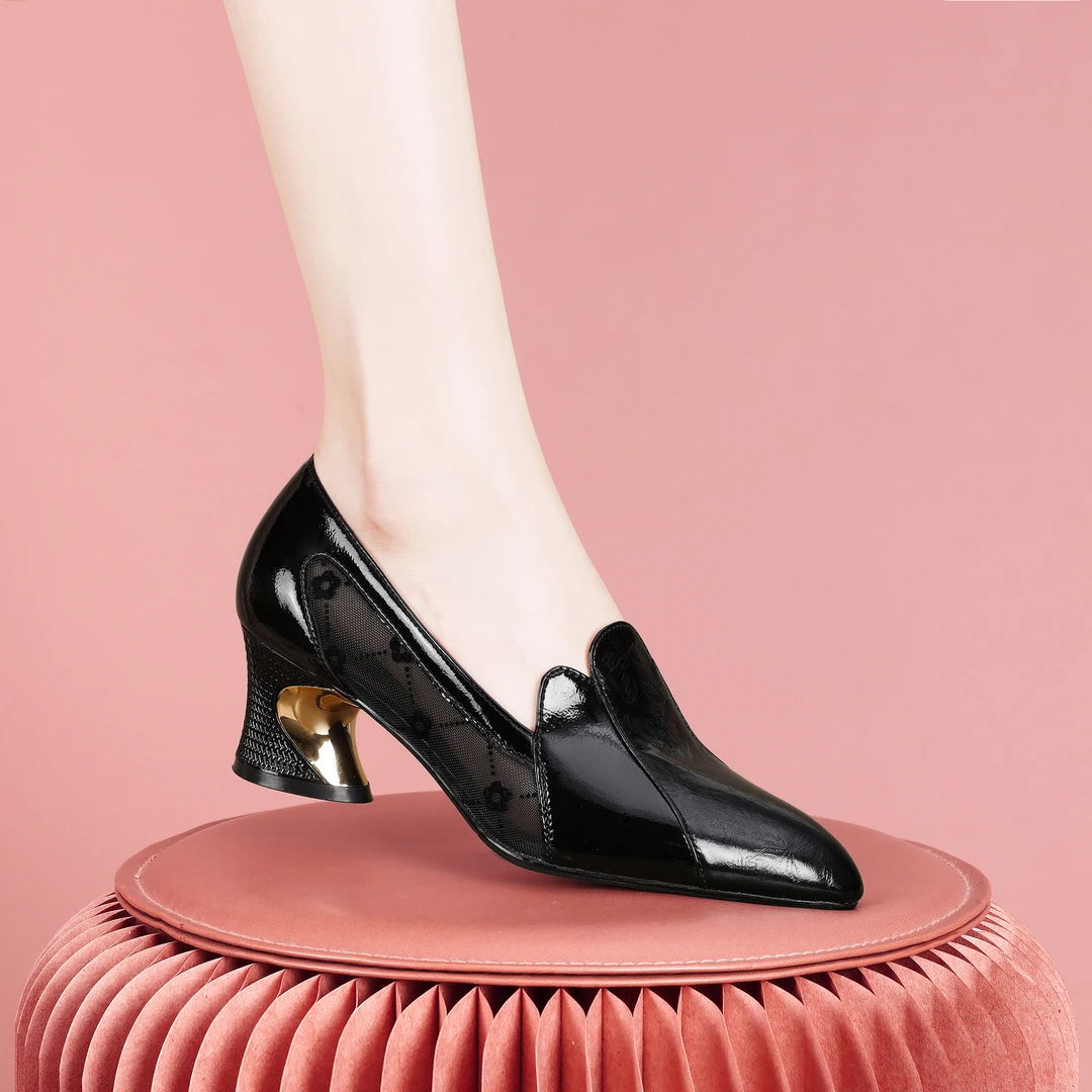 梵芮诗2024年新款春夏季尖头网纱潮流原创设计穿搭粗跟单鞋-J1006