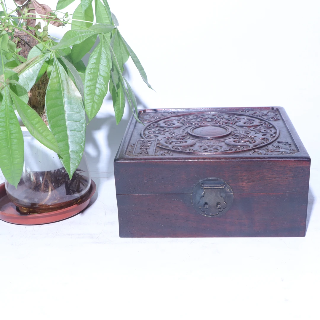 红花梨四方首饰盒 收纳盒 储物盒 雕刻工艺 尺寸23*23*10