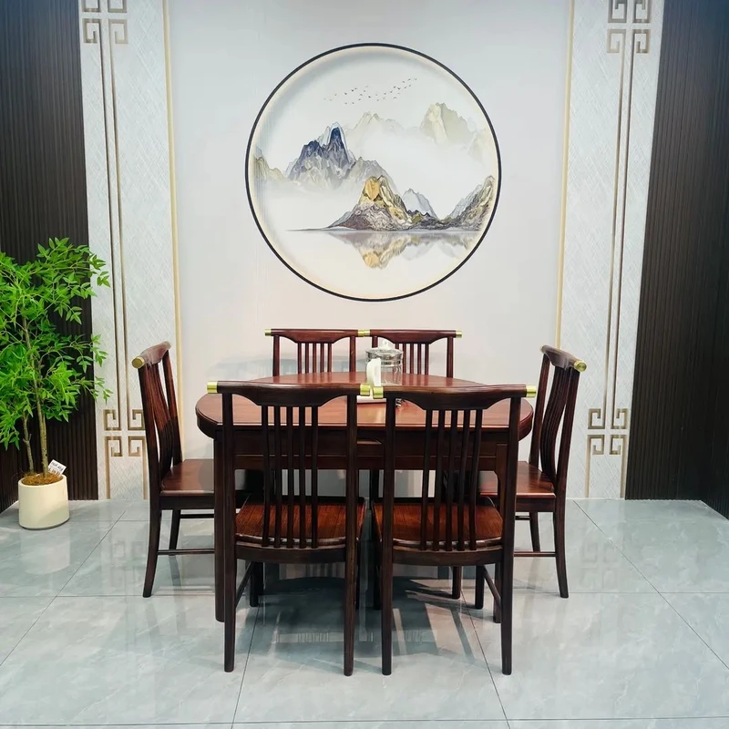 新中式乌金木方圆两用餐桌家庭聚餐折叠全实木餐桌饭桌餐厅两用