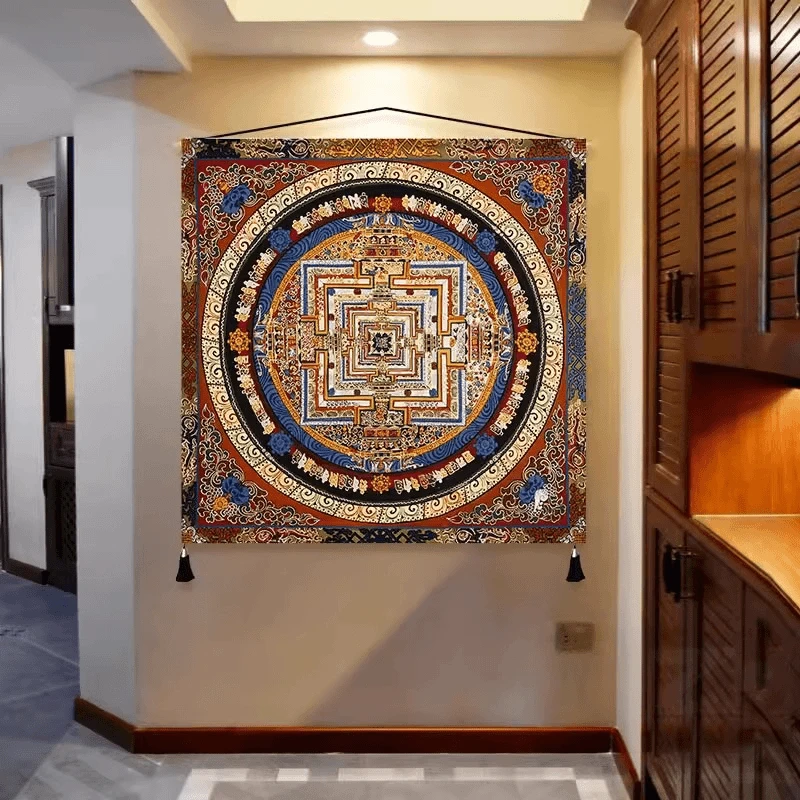 黑金西藏式唐卡挂布装饰画六字真言心经玄关入门聚财坛城方形壁画